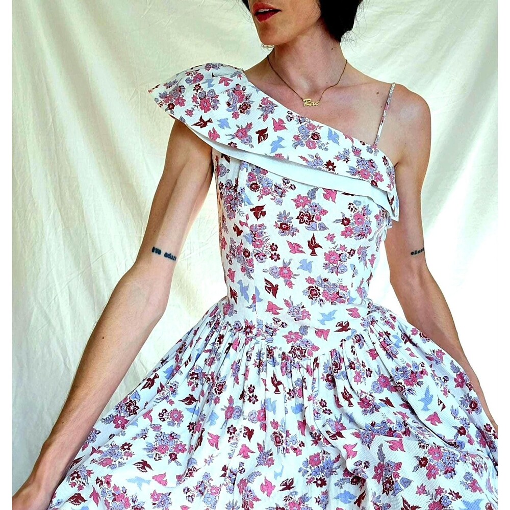 Vtg 1940s Novelty Print Cotton Formal Gown: One Shoulder Floral Maxi Dress S/M - Picture 2 of 14